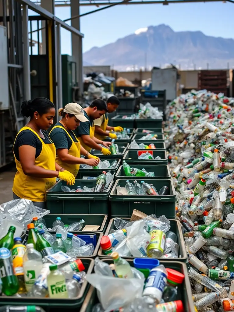 A photo of volunteers sorting plastic waste at a recycling plant in Cape Town, South Africa, showcasing community involvement in recycling efforts.