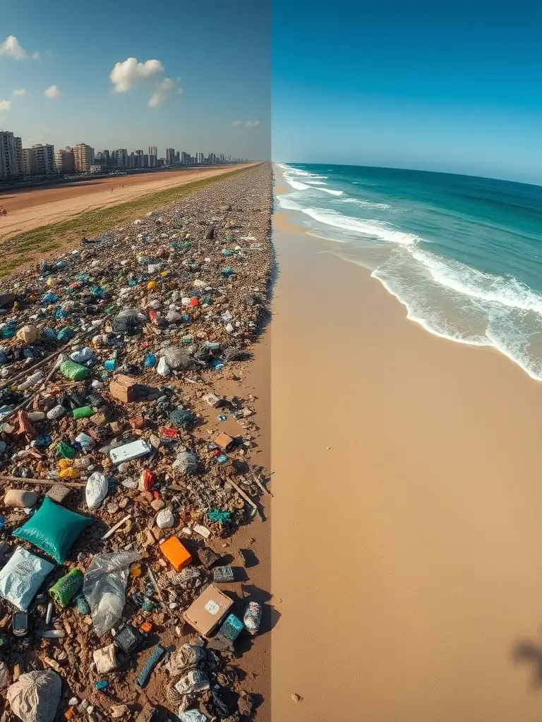 A before-and-after image showing a beach in Durban, South Africa, before and after a plastic cleanup campaign, highlighting the impact of waste reduction efforts.