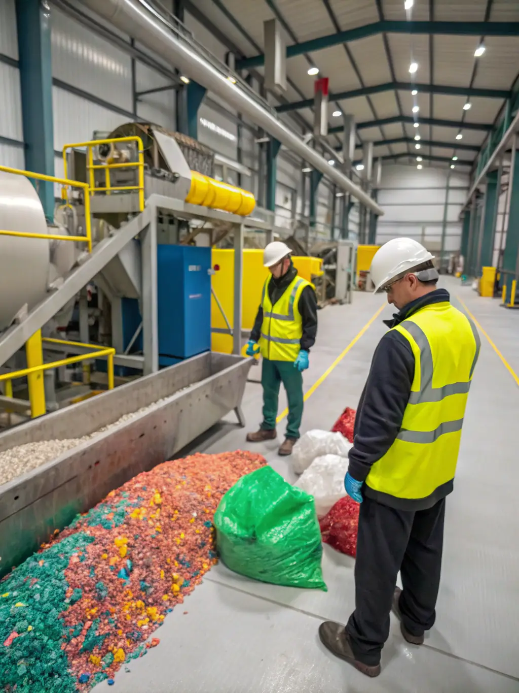 A photo of a recycling plant in Johannesburg, South Africa, with workers sorting plastic materials. The image should showcase the recycling process and the importance of waste management.