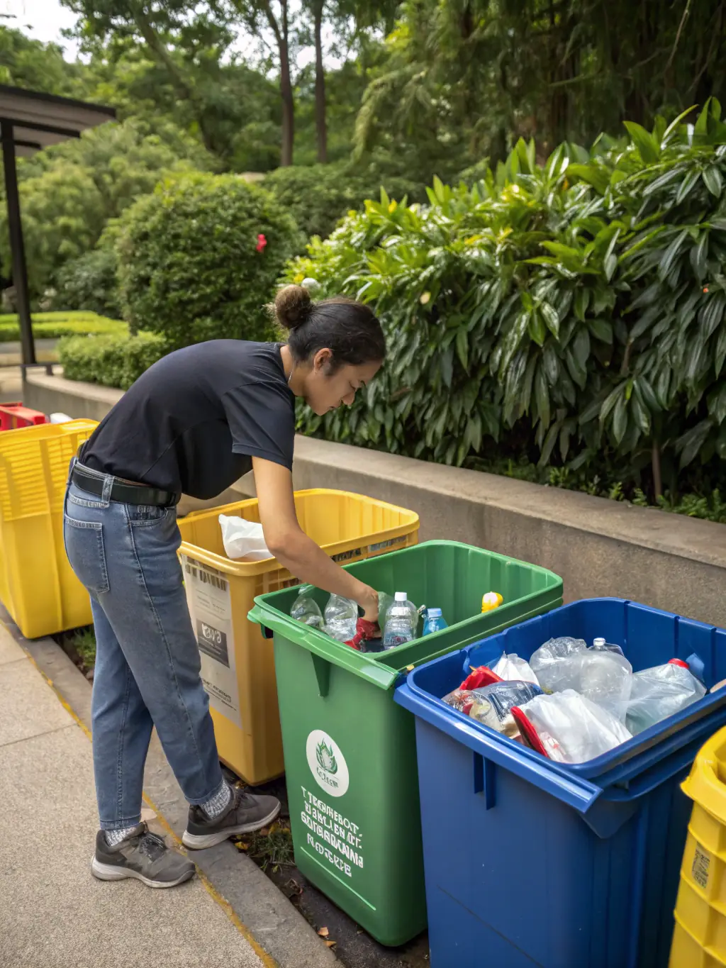 A person dropping off a bag of sorted and cleaned plastic recyclables at a designated community recycling drop-off point in South Africa.