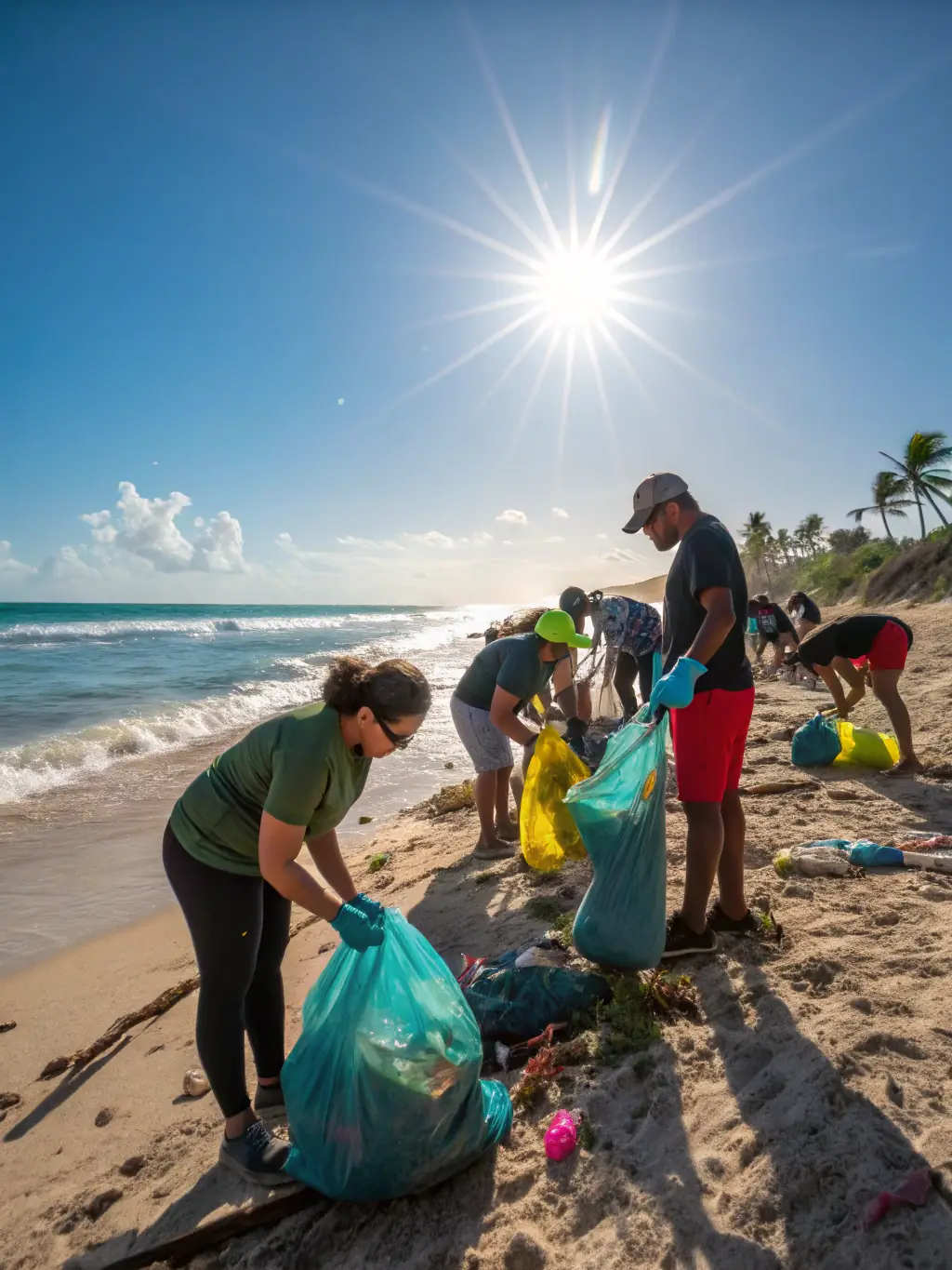 A photo of volunteers collecting plastic waste from a beach in Durban, South Africa, with the city skyline in the background. The image should convey a sense of community involvement and environmental responsibility.