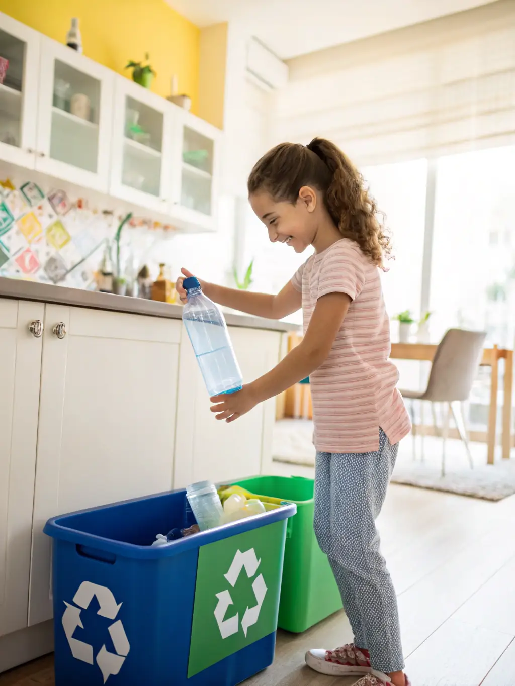 A person sorting different types of plastic bottles into separate recycling bins at home, showcasing responsible waste management.