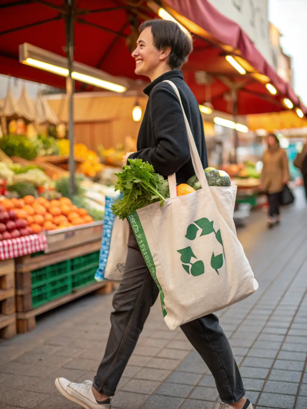 A person using reusable shopping bags made from recycled plastic while shopping at a local market in South Africa, promoting sustainable alternatives.