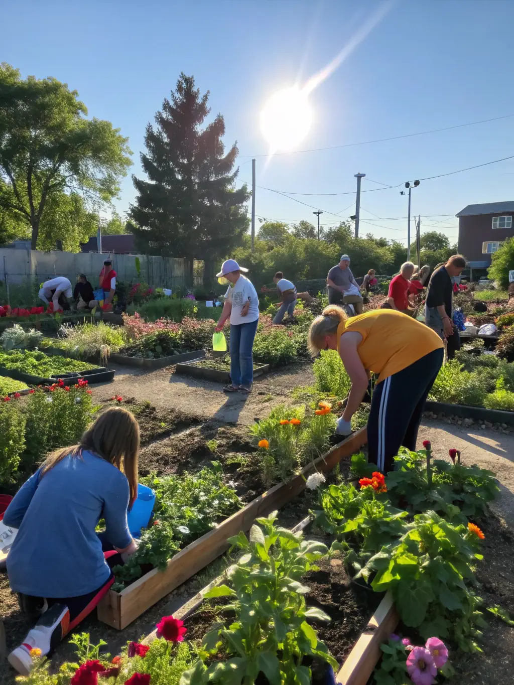 A photo of a community garden in a township in South Africa, with residents growing vegetables in recycled plastic containers. The image should showcase the potential of plastic waste for sustainable community development.