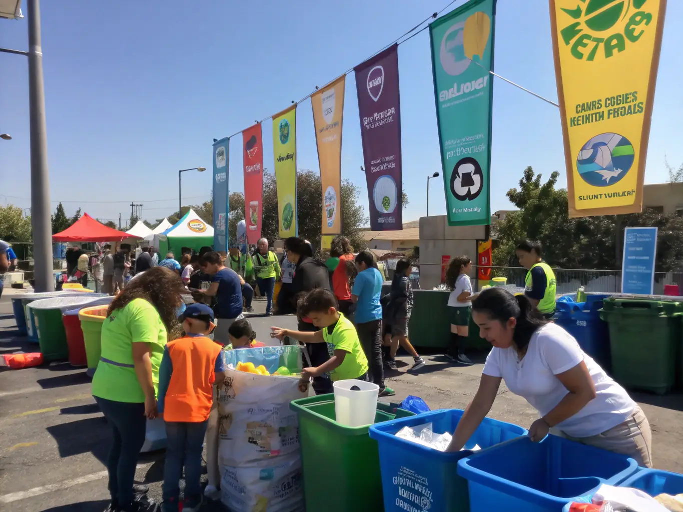 A vibrant image depicting a community recycling drive in a township in South Africa, with volunteers collecting and sorting plastic waste, showcasing community engagement.