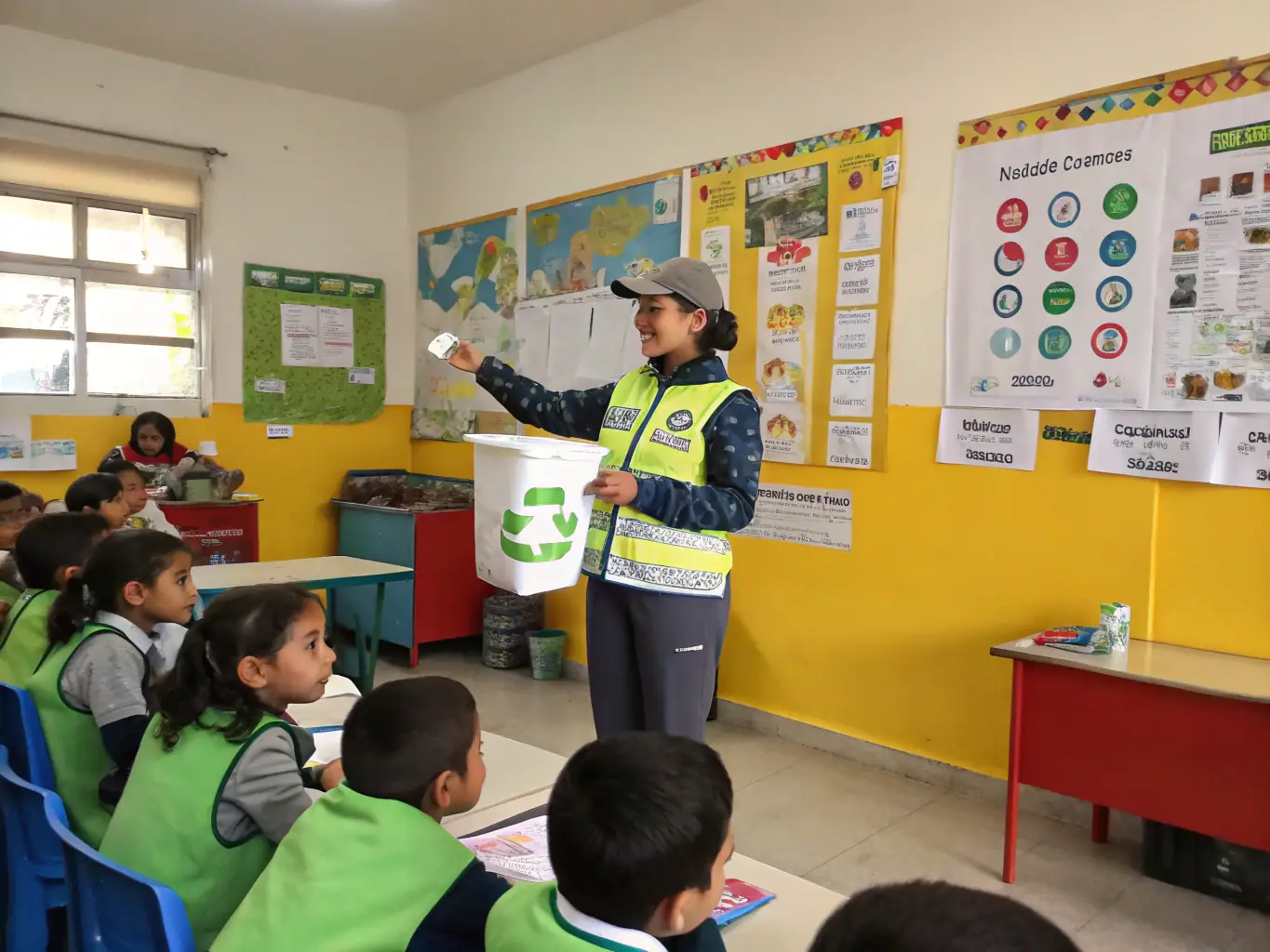 A photo of students participating in a recycling education program at a school in Johannesburg, learning about the importance of reducing plastic waste.